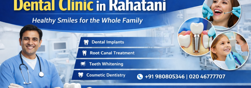 Banner of Dr. Yadav's Smile Dental Clinic showing dentist, patient smile, and dental treatment services in Rahatani.