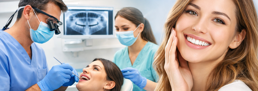 Dental clinic in Rahatani with dentist treating patient and smiling woman showing healthy teeth