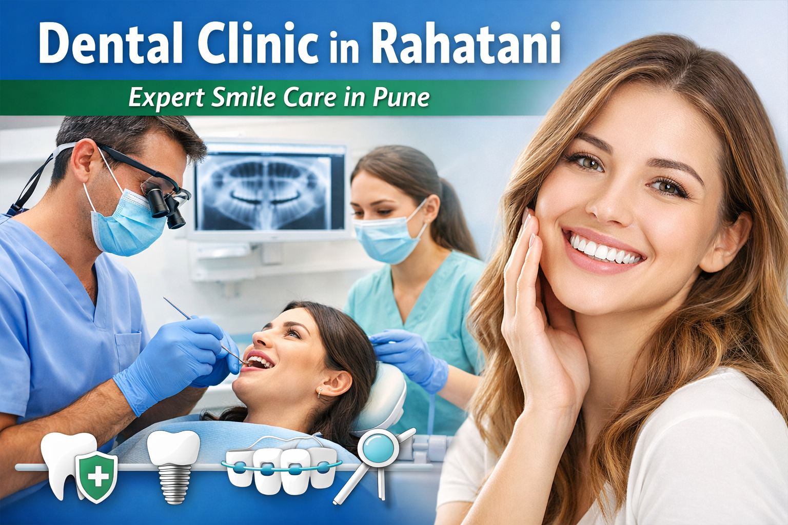 Dental clinic in Rahatani with dentist treating patient and smiling woman showing healthy teeth