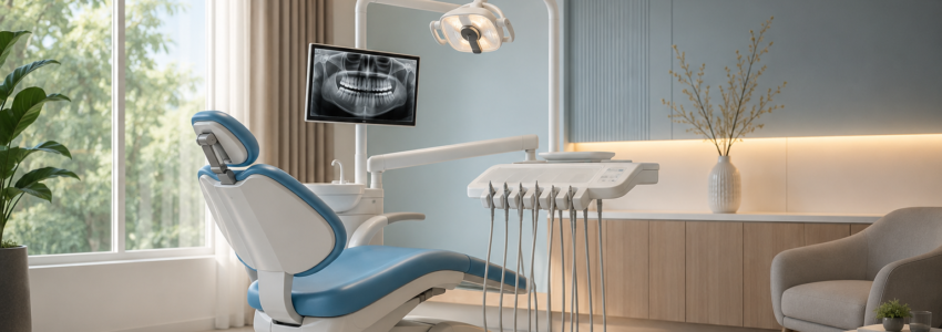 Modern aesthetic dental clinic interior in Rahatani with advanced dental chair and calming minimalist design.
