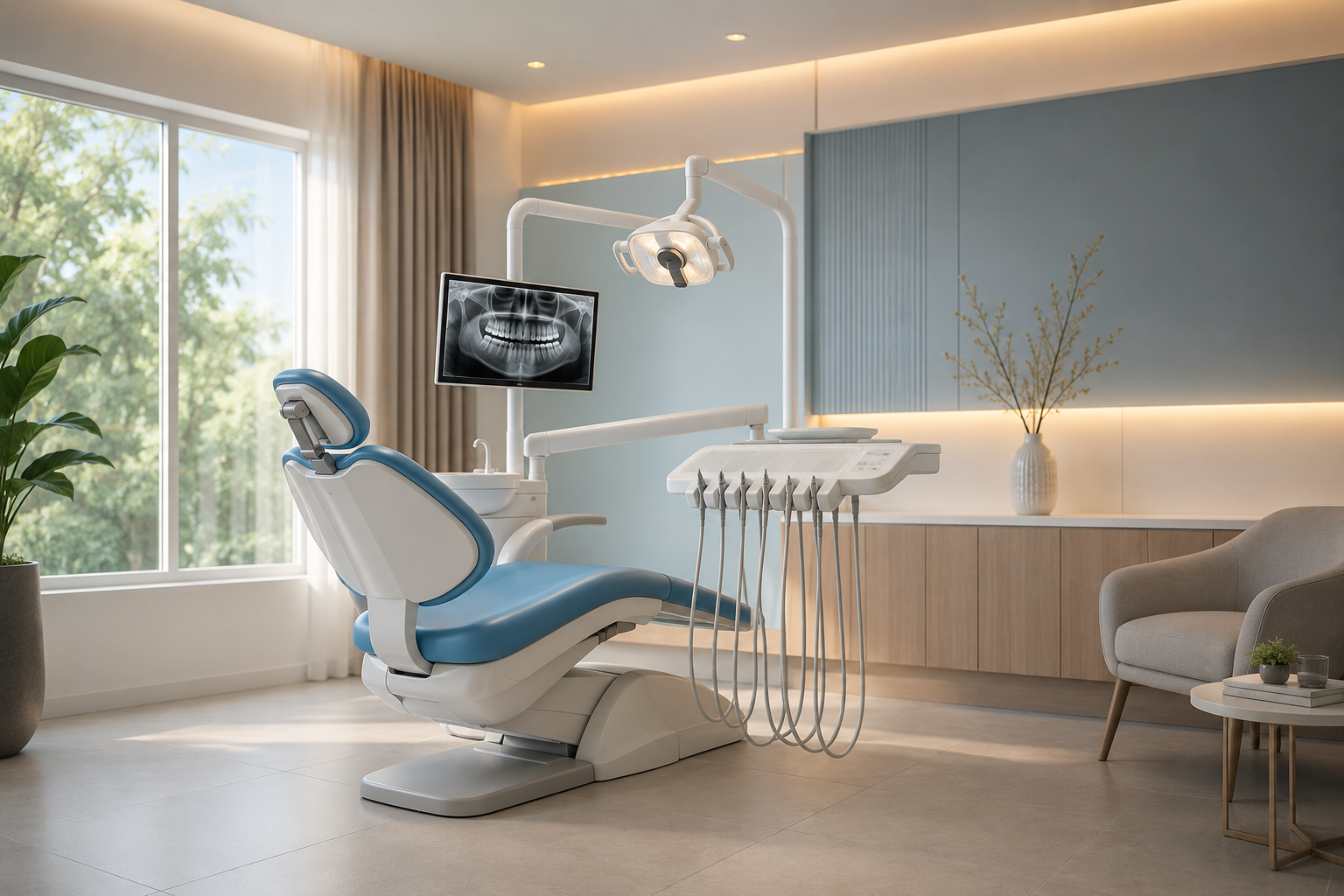 Modern aesthetic dental clinic interior in Rahatani with advanced dental chair and calming minimalist design.