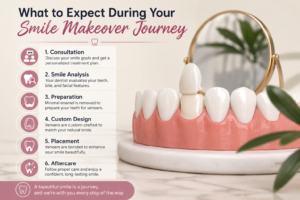 What to Expect During Your Smile Makeover Journey with dental veneers, featuring aesthetic veneer placement and smile transformation steps.