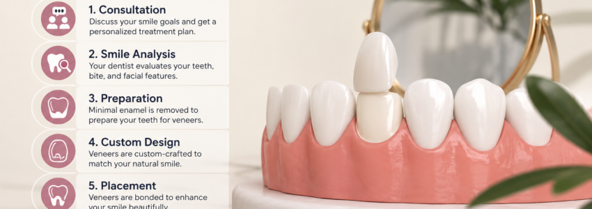 What to Expect During Your Smile Makeover Journey with dental veneers, featuring aesthetic veneer placement and smile transformation steps.