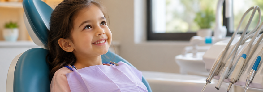 Child comfortably sitting in a dental chair during a friendly pediatric dental visit