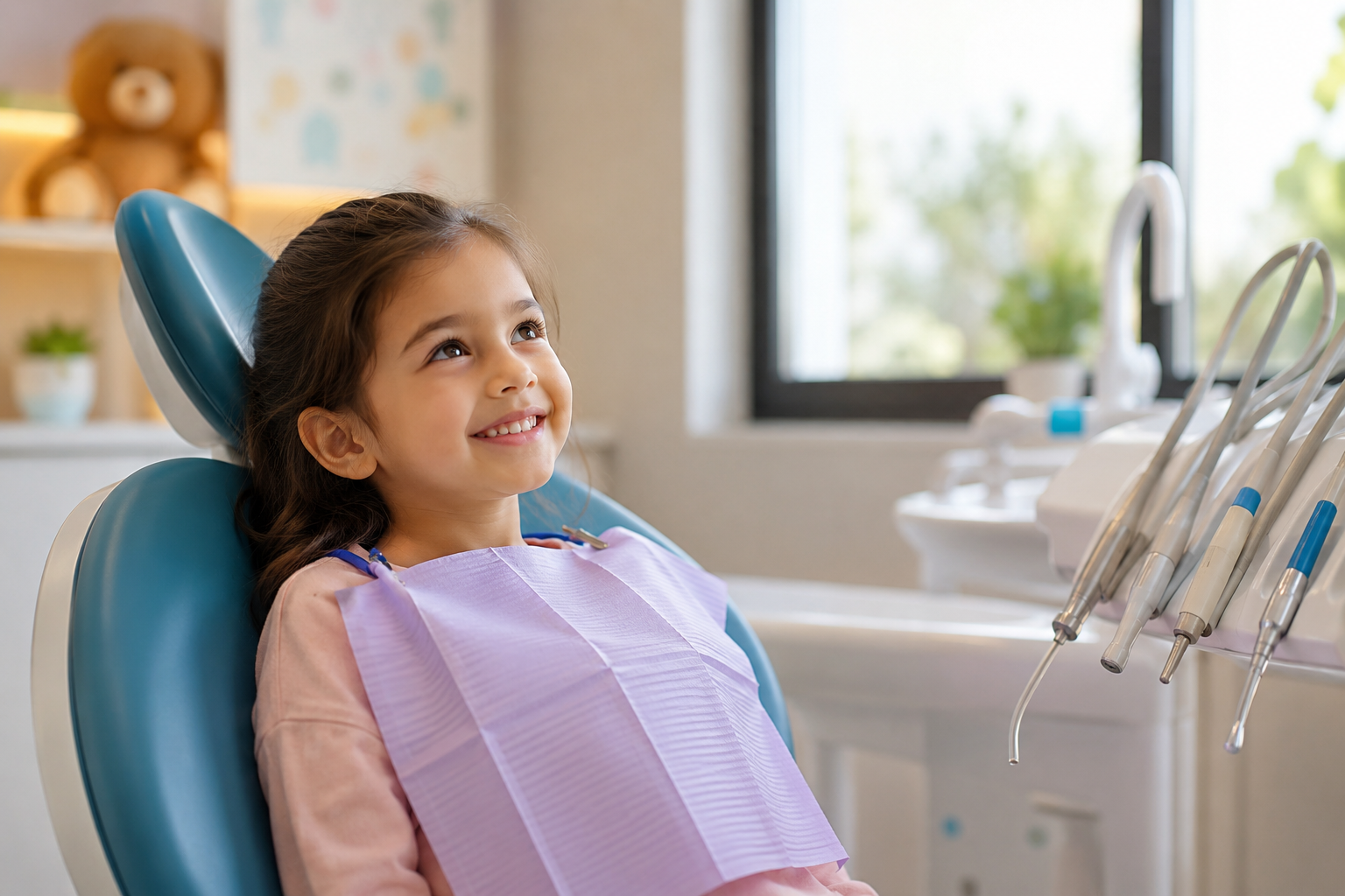 Child comfortably sitting in a dental chair during a friendly pediatric dental visit