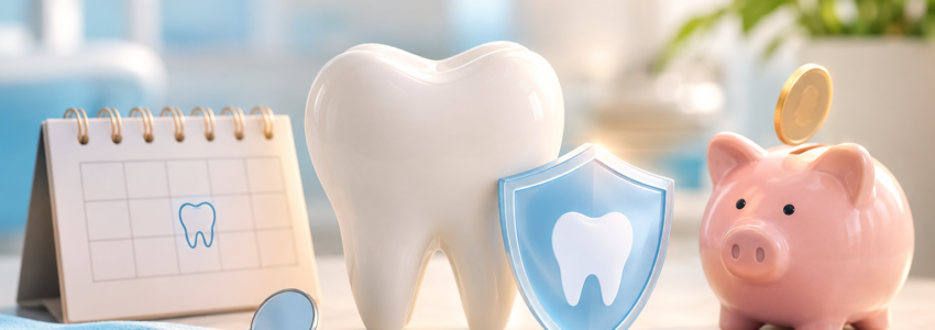Preventive dentistry concept featuring a healthy tooth model, dental instruments, protective shield, and savings symbol in a modern dental care setting.