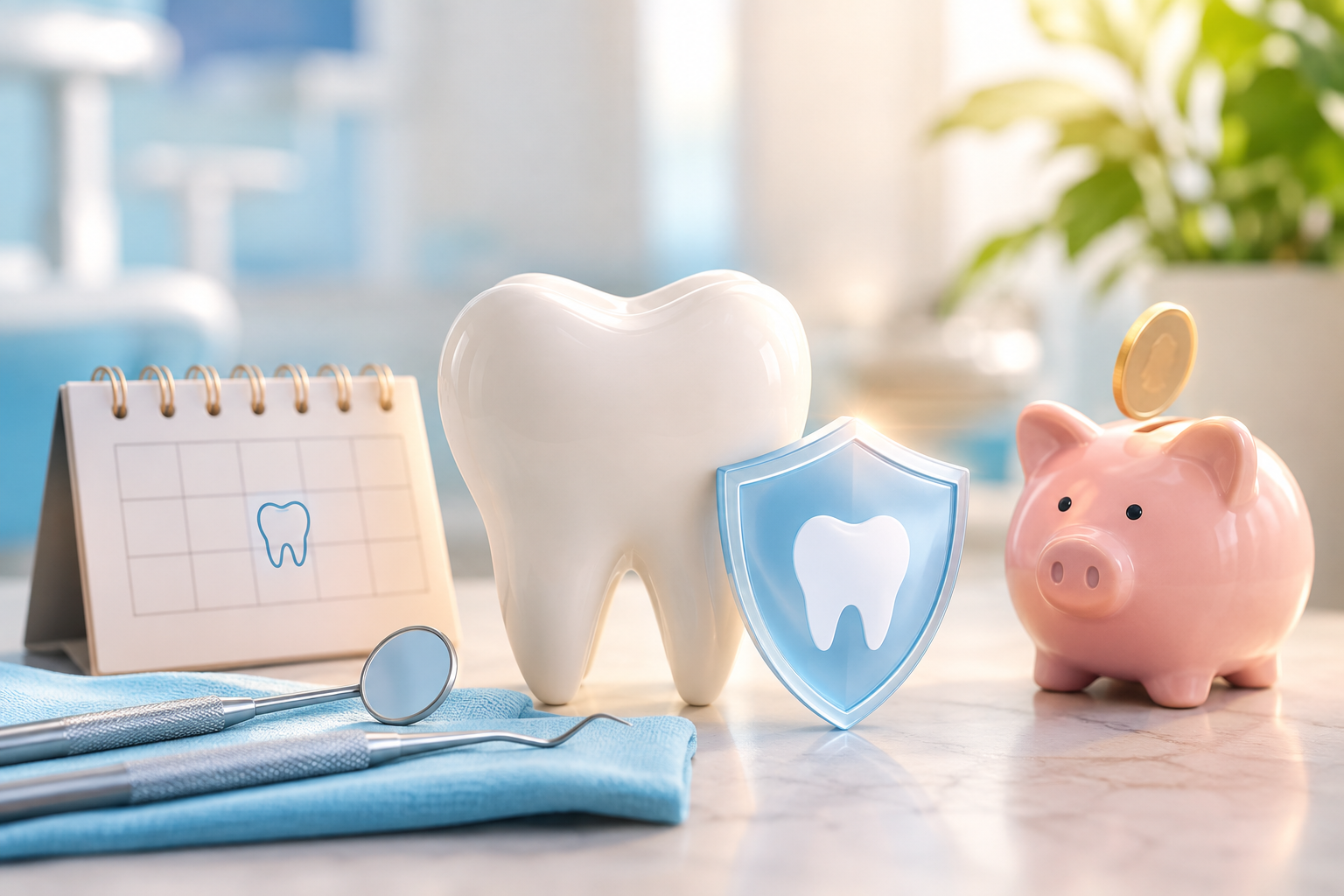 Preventive dentistry concept featuring a healthy tooth model, dental instruments, protective shield, and savings symbol in a modern dental care setting.